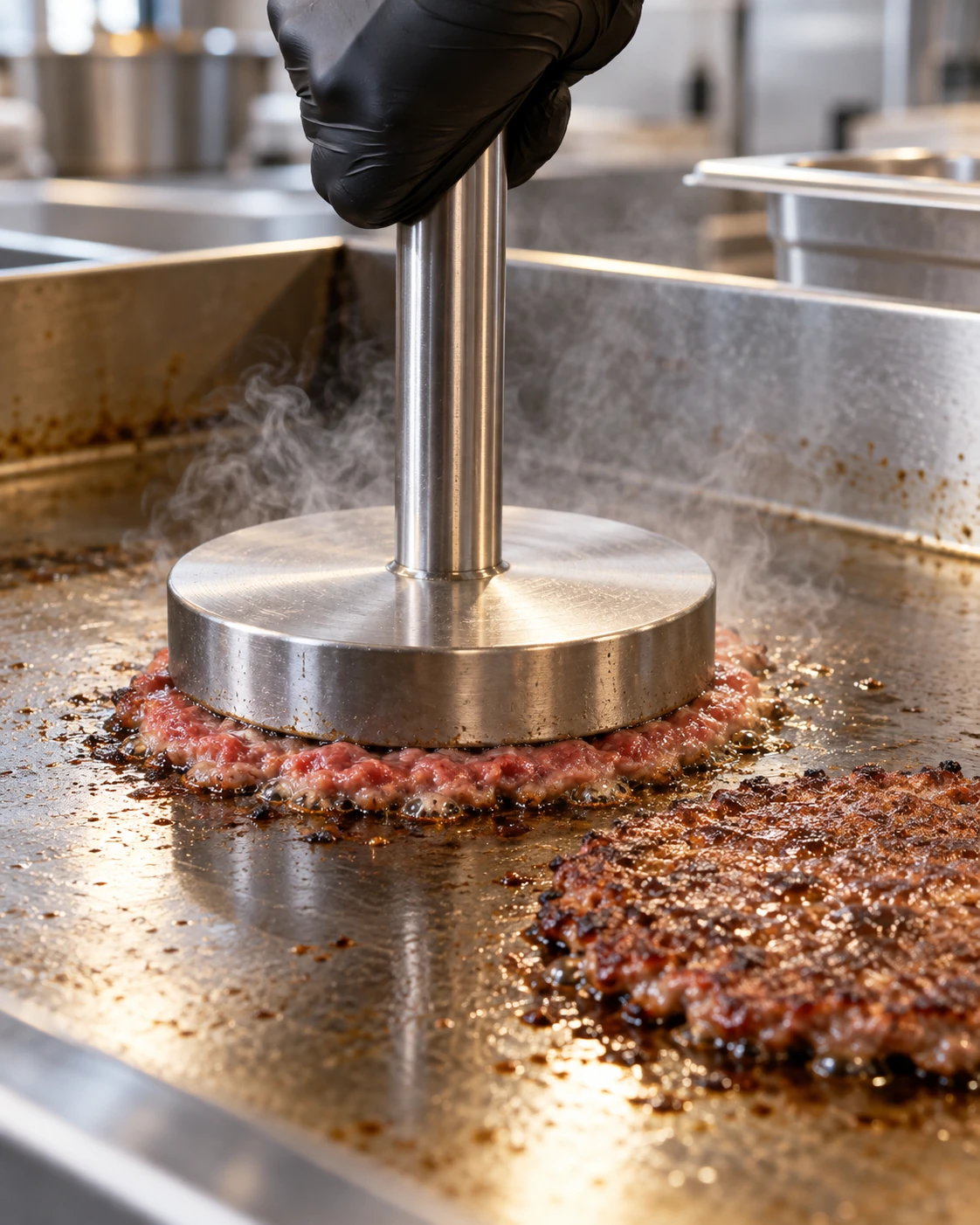 En smashburgare pressas mot en het stekhäll